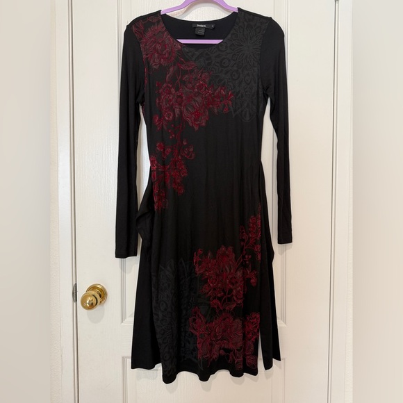 Desigual Duna Black & Red Floral Stretch Dress Long Sleeve Artsy Print Size M - Picture 2 of 6